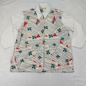 HANDMADE VINTAGE WOMENS HOLIDAY CHRISTMAS MUSIC 3/4 SLEEVE BUTTON FRONT SHIRT L